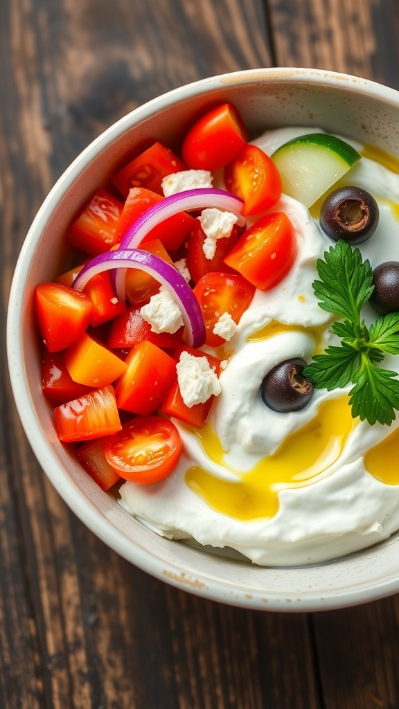 A savory Greek yogurt bowl with tomatoes, cucumber, olives, and feta on a wooden table.